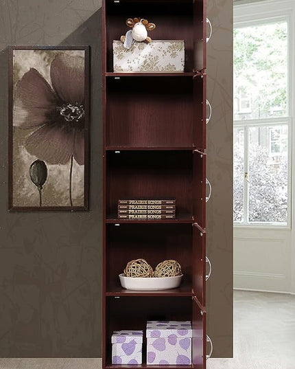 HODEDAH 5 Door Bookcase Cabinet, Mahogany - LeafyLoom