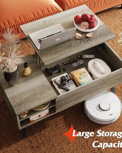 WLIVE Lift Top Coffee Table with Storage for Living Room,Small Hidden Compartment and Adjustable Shelf,Mid Century Modern ,Wood,Greige - LeafyLoom