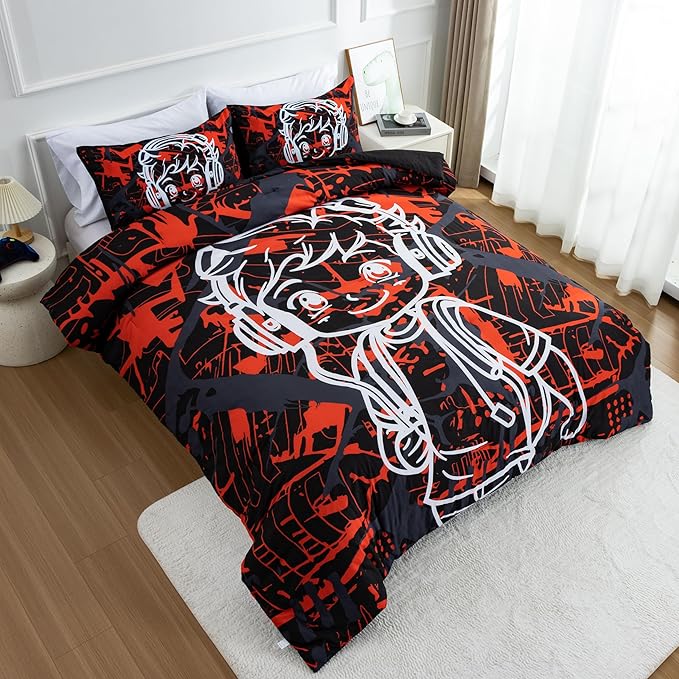 Btargot Colorful Camouflage Graffiti Style Comforter Set, 3 Piece Headphone Hip Hop Boy Line Pattern Bedding Set for Kids Boys Grils Teen, Twin Red - LeafyLoom