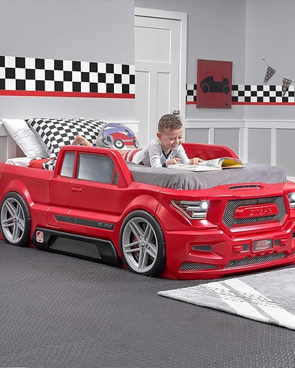 Step2 Turbocharged Twin Size Truck Car Bed, Car Bed for Boys and Girls, Working Headlights & Built-In Storage, Toddlers Ages 3+ Years Old, Adult Assembly Required, Vibrant Red - LeafyLoom