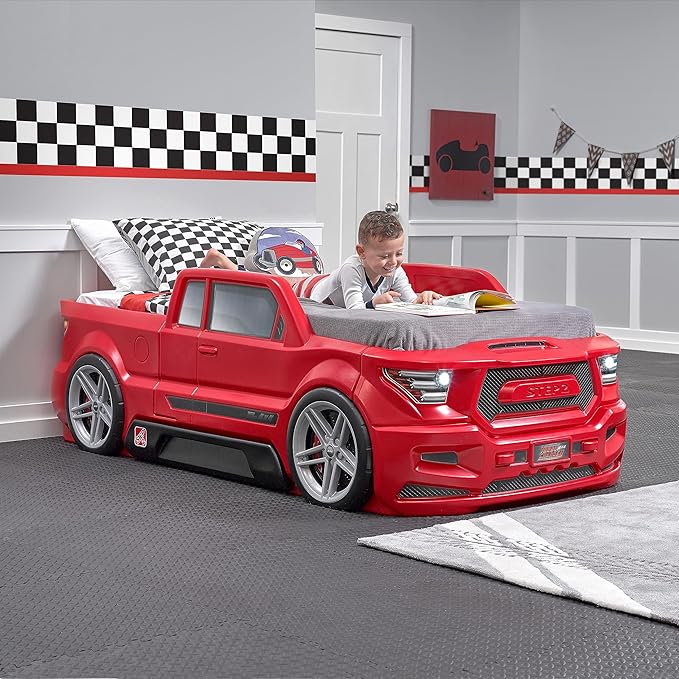 Step2 Turbocharged Twin Size Truck Car Bed, Car Bed for Boys and Girls, Working Headlights & Built-In Storage, Toddlers Ages 3+ Years Old, Adult Assembly Required, Vibrant Red - LeafyLoom