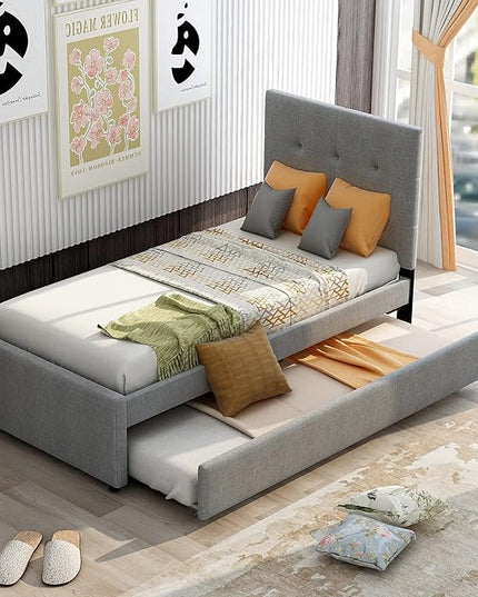 Twin Size Platform Bed, Linen Upholstered Bed Frame with Headboard and Trundle, Wood Slat Support, Gray - LeafyLoom