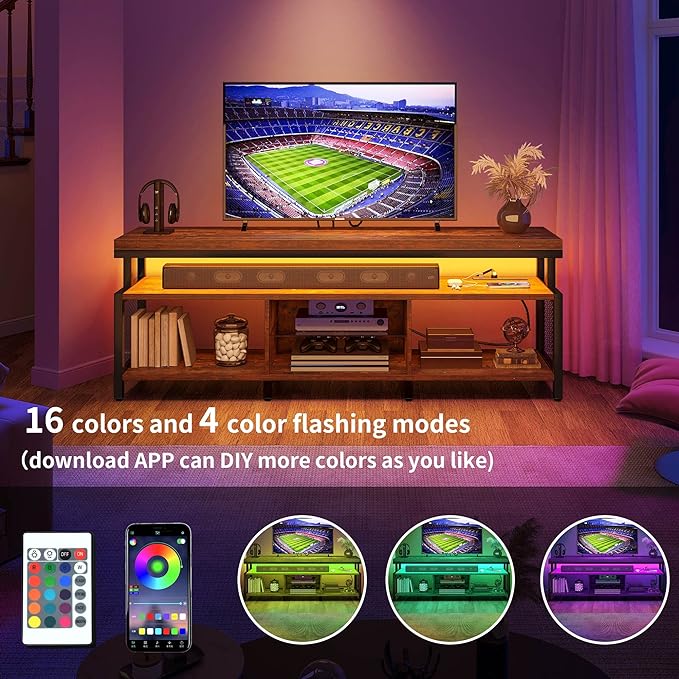 YITAHOME LED Television Stands w/Power Outlets for 70/65 inch, Modern Industrial TV Stand, Entertainment Center w/Open Storage, Entertainment Center for 360lbs for Living Room, Retro Brown - LeafyLoom