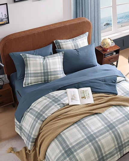 Blue King Size Comforter Set, Plaid King Bed Sets for Boys & Girls,Classic Homestead-Style King Sized Comforter Bedding Set with Sheets and Comforter Sets - LeafyLoom