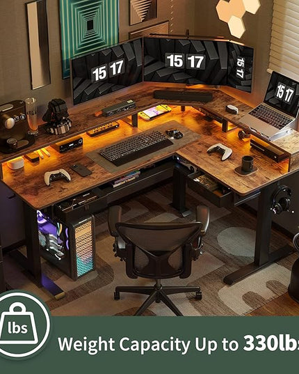 FEZIBO 63" L Shaped Standing Desk with LED Strip, Electric Triple Motor Sit Stand up Corner Desk Height Adjustable with Monitor Stand & Shelves, 2 Drawers, Ergonomic Home Office Desk, Rustic Brown - LeafyLoom