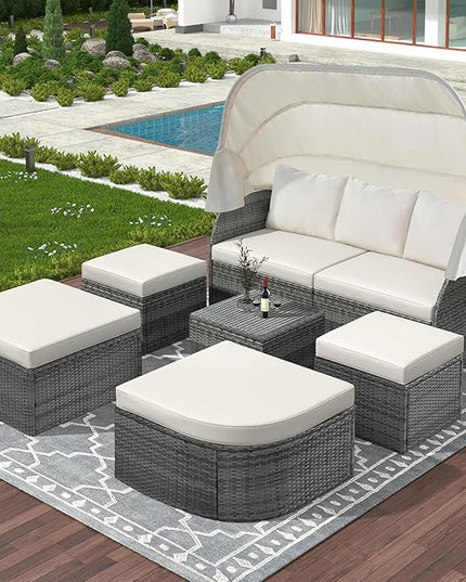 Rectangle Furniture Daybed Sunbed with Retractable Canopy, Outdoor Wicker Conversation Set with Cushions for Patio, Backyard, Porch, Garden, Hc-Beige - LeafyLoom