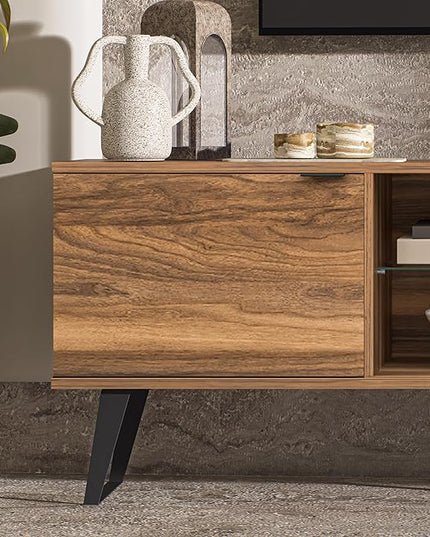 Atelier Mobili Mid Century Modern TV Stand Farmhouse TV Stand Entertainment Center for Living Room | Walnut TV Stand with Glass Shelf | Fits 80 Inch TV | Soft Closing Hinges | Storage for Bedroom - LeafyLoom