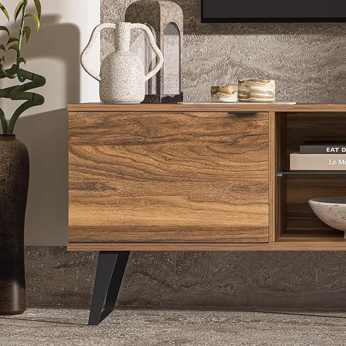 Atelier Mobili Mid Century Modern TV Stand Farmhouse TV Stand Entertainment Center for Living Room | Walnut TV Stand with Glass Shelf | Fits 80 Inch TV | Soft Closing Hinges | Storage for Bedroom - LeafyLoom