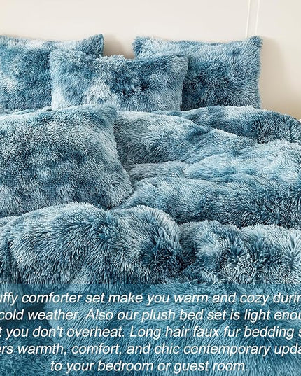 WINLIFE Shaggy Bedding Comforter Set Full Blue Faux Fur Flannel Furry Comforter Plush Comforter Sets Gradient Ombre Tie Dye Bedding for Teens Adults (3Pcs, Full, Smoke Blue) - LeafyLoom