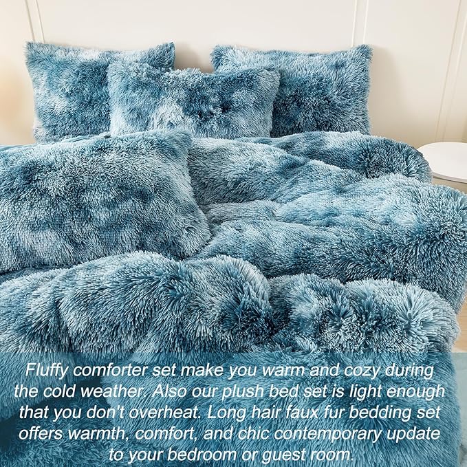 WINLIFE Shaggy Bedding Comforter Set Full Blue Faux Fur Flannel Furry Comforter Plush Comforter Sets Gradient Ombre Tie Dye Bedding for Teens Adults (3Pcs, Full, Smoke Blue) - LeafyLoom