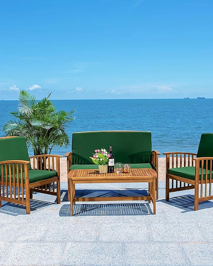 SAFAVIEH Outdoor Collection Rocklin Natural/ Green Cushion 4-Piece Conversation Patio Set - LeafyLoom