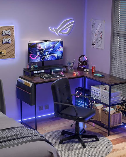 VECELO L Shaped Computer Gaming Corner Desk with Storage Bag and Shelf Home Office Table for Study Writing Room, Small Space Workstation, Rustic Brown - LeafyLoom