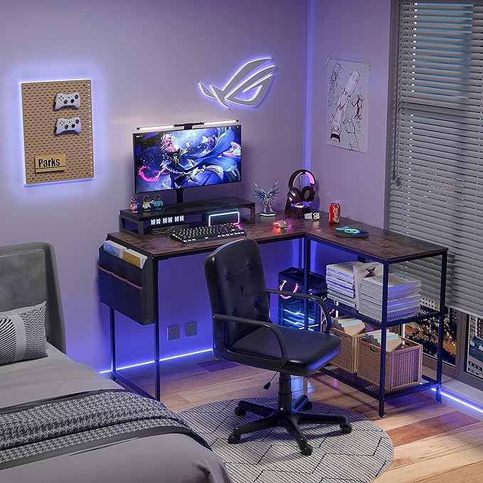 VECELO L Shaped Computer Gaming Corner Desk with Storage Bag and Shelf Home Office Table for Study Writing Room, Small Space Workstation, Rustic Brown - LeafyLoom