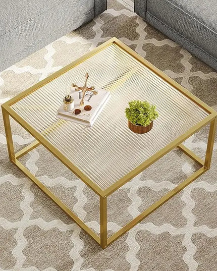 SAYGOER Modern Glass Coffee Table Small Squre Coffee Tables for Large or Small Space Unique Art Center Table for Living Room Home Office with Gold Metal Frame, Easy Assembly - LeafyLoom