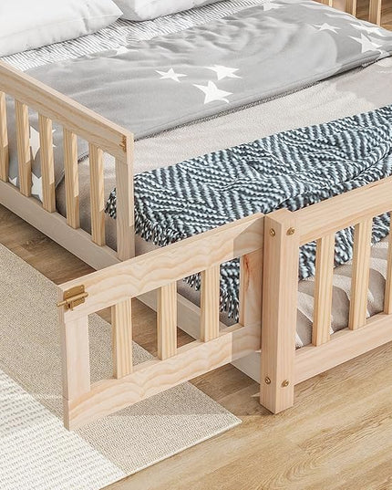 Bellemave Full Size House-Shaped Headboard Floor Bed for Kids, Montessori Floor Bed with Fence and Door,House Bed Twin Frame for Girls,Boys (Natural) - LeafyLoom