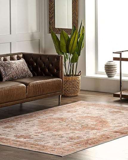 nuLOOM Dawson Machine Washable Distressed Medallion Ultra Thin Area Rug, 6' x 9', Peach - LeafyLoom