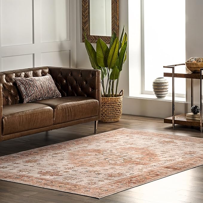 nuLOOM Dawson Machine Washable Distressed Medallion Ultra Thin Area Rug, 6' x 9', Peach - LeafyLoom
