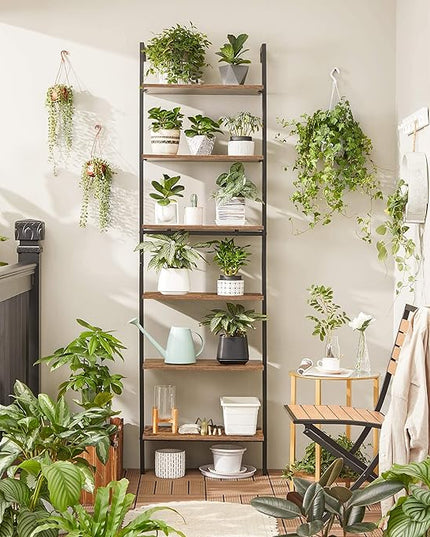 VASAGLE Industrial Ladder Shelf, 6-Tier Bookshelf, Wall Shelf for Living Room, Office, Kitchen, Bedroom, 23.6 x 11.8 x 80.6 Inches, Rustic Brown and Black ULLS103B01 - LeafyLoom