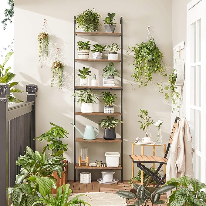 VASAGLE Industrial Ladder Shelf, 6-Tier Bookshelf, Wall Shelf for Living Room, Office, Kitchen, Bedroom, 23.6 x 11.8 x 80.6 Inches, Rustic Brown and Black ULLS103B01 - LeafyLoom