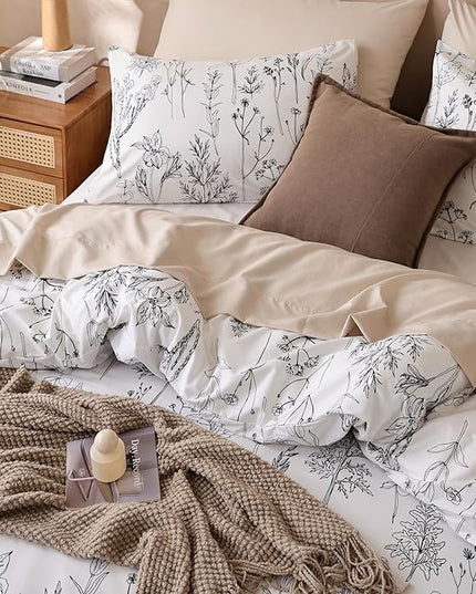 JANZAA Bedding Comforter Sets White Floral Comforter Set Full Size Bed Set with 2 Pillow Cases for All Seasons - LeafyLoom