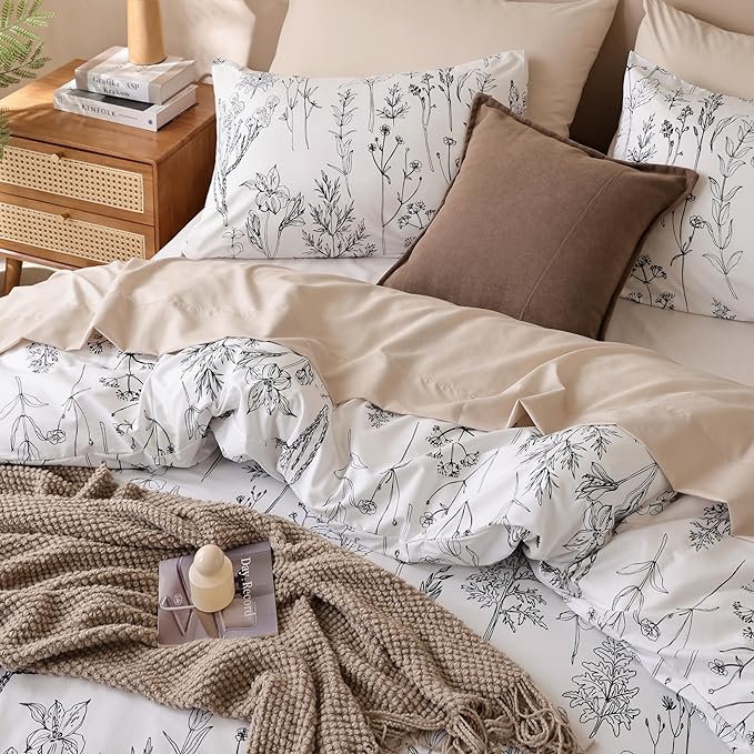 JANZAA Bedding Comforter Sets White Floral Comforter Set Full Size Bed Set with 2 Pillow Cases for All Seasons - LeafyLoom