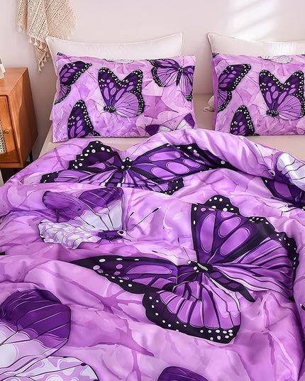 Btargot 3 Piece Purple Butterfly Girls Kids Adults Full Size Comforter Set, Lightweight Soft All Season Bedding Set with 2 Pillowcases - LeafyLoom