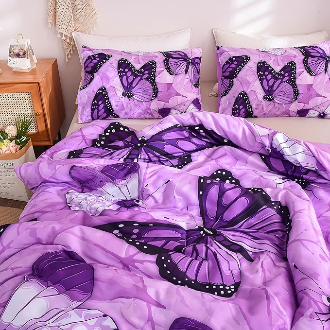 Btargot 3 Piece Purple Butterfly Girls Kids Adults Full Size Comforter Set, Lightweight Soft All Season Bedding Set with 2 Pillowcases - LeafyLoom
