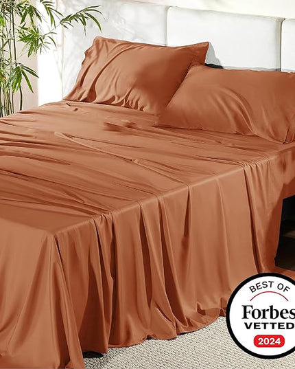 Bedsure Queen Sheets, Rayon Derived from Bamboo, Queen Cooling Sheet Set, Deep Pocket Up to 16", Breathable & Soft Bed Sheets, Hotel Luxury Silky Bedding Sheets & Pillowcases, Burnt Orange - LeafyLoom
