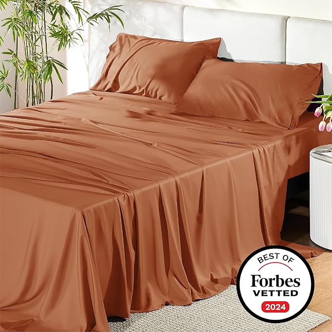 Bedsure Queen Sheets, Rayon Derived from Bamboo, Queen Cooling Sheet Set, Deep Pocket Up to 16", Breathable & Soft Bed Sheets, Hotel Luxury Silky Bedding Sheets & Pillowcases, Burnt Orange - LeafyLoom