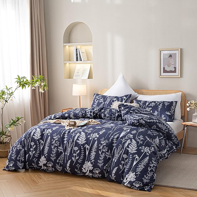 JANZAA Queen Comforter Set Bedding Comforter Sets Navy Blue Floral Comforter Set with 2 Pillow Cases Microfiber Soft for All Seasons - LeafyLoom
