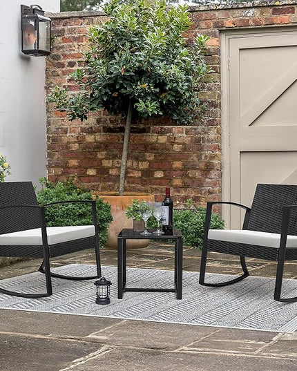 Greesum 3 Pieces Outdoor Furniture Set Patio Bistro Rocking Chairs with Glass Coffee Table for Pool Beach Backyard Balcony Porch Deck Garden, Gray - LeafyLoom