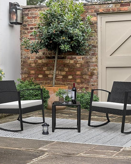 Greesum 3 Pieces Outdoor Furniture Set Patio Bistro Rocking Chairs with Glass Coffee Table for Pool Beach Backyard Balcony Porch Deck Garden, White - LeafyLoom