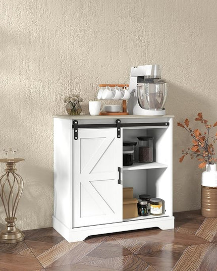 Panana Sliding Barn Door Buffet Sideboard Storage Cabinet Coffee Bar Kitchen Farmhouse Style (White Cabinet Nature Top) - LeafyLoom