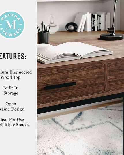 Martha Stewart Ollie Home Office Desk with 3 Drawers in Walnut Wood Grain with Oil Rubbed Bronze Hardware - LeafyLoom