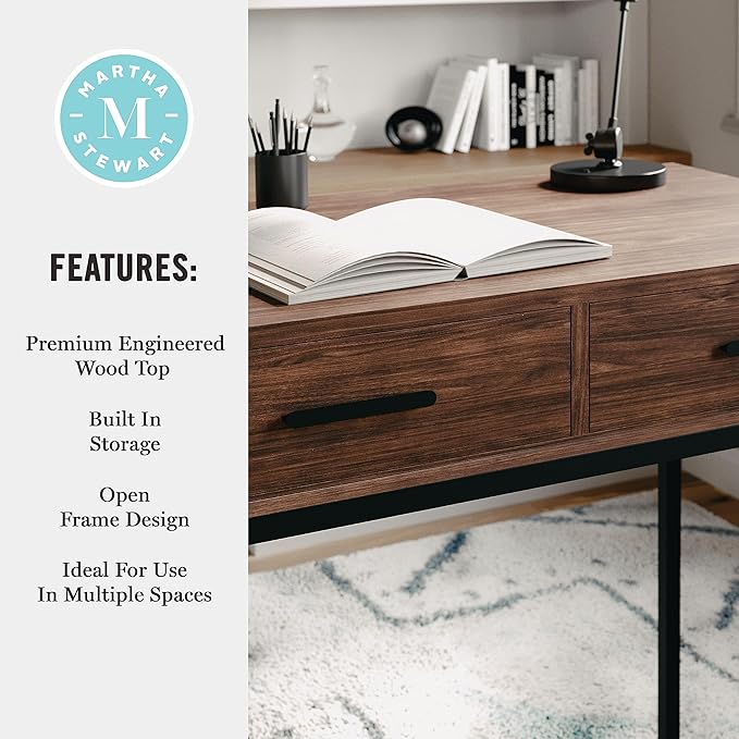 Martha Stewart Ollie Home Office Desk with 3 Drawers in Walnut Wood Grain with Oil Rubbed Bronze Hardware - LeafyLoom