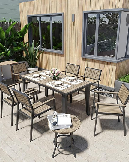 Pamapic 8-Piece Patio Dining Set，Outdoor Aluminum Furniture Set with Plastic-Wood Table Top,Outdoor Furniture Set with 6 Outdoor Stackable Chairs for Patio Garden Poolside (Black) - LeafyLoom