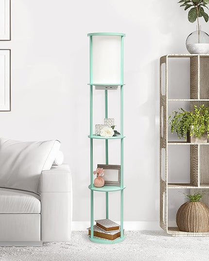 Simple Designs LF2010-AQU 62.5" Round Modern Shelf Etagere Organizer Storage Floor Lamp with 2 USB Charging Ports, 1 Charging Outlet and Linen Shade for Living Room Bedroom, Aqua, 11.5 x 11.5 x 62.5 - LeafyLoom