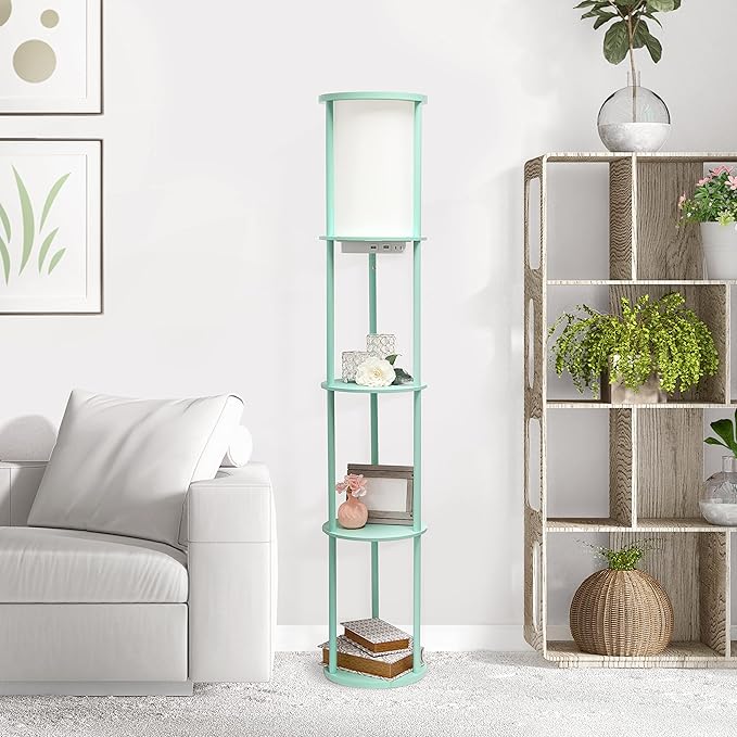 Simple Designs LF2010-AQU 62.5" Round Modern Shelf Etagere Organizer Storage Floor Lamp with 2 USB Charging Ports, 1 Charging Outlet and Linen Shade for Living Room Bedroom, Aqua, 11.5 x 11.5 x 62.5 - LeafyLoom