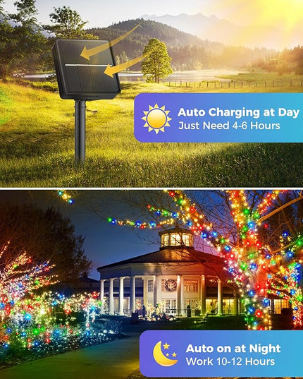 Minetom Christmas Lights Outdoor Solar Powered - 72FT 200 LED Christmas String Lights with 8 Lighting Modes, IP65 Waterproof Solar String Lights for Outside Tree Xmas Party Decoration, Multicolor Minetom