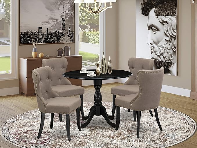 East West Furniture DMSI5-ABK-48 5 Piece Kitchen Table Set for 4 Includes a Round Dining Table with Dropleaf and 4 Coffee Linen Fabric Parson Dining Room Chairs, 42x42 Inch, Wirebrushed Black - LeafyLoom