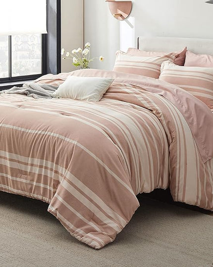 Bedsure Bed in a Bag King Size 7 Pieces, Dusty Pink White Striped Bedding Comforter Sets All Season Bed Set, 2 Pillow Shams, Flat Sheet, Fitted Sheet and 2 Pillowcases - LeafyLoom