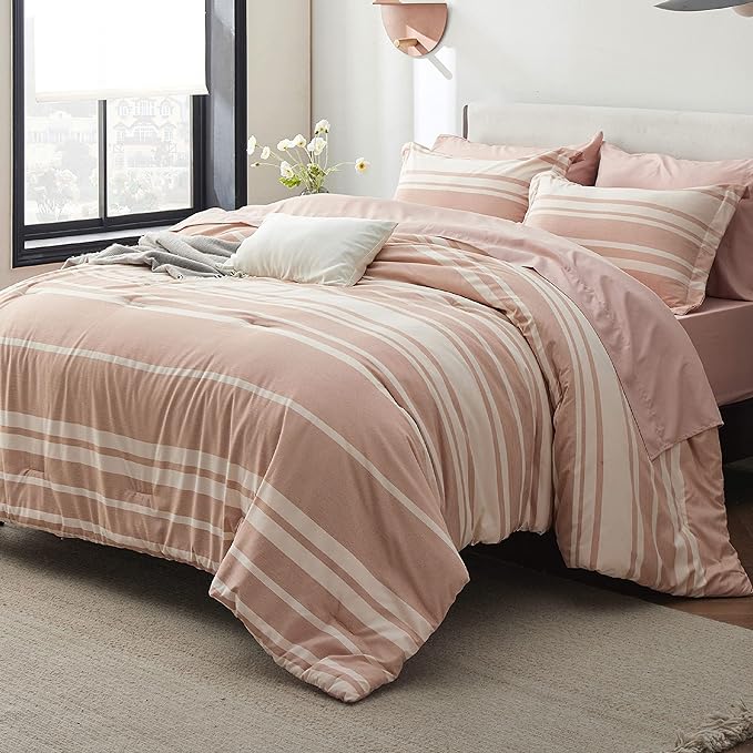 Bedsure Bed in a Bag King Size 7 Pieces, Dusty Pink White Striped Bedding Comforter Sets All Season Bed Set, 2 Pillow Shams, Flat Sheet, Fitted Sheet and 2 Pillowcases - LeafyLoom