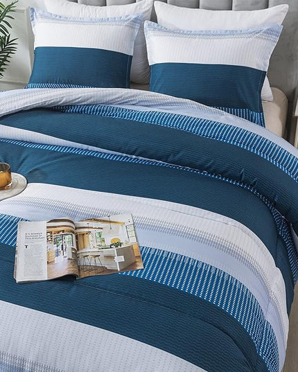 Andency Stripe Comforter Set Twin Size (66x90 Inch), 2 Pieces Navy Patchwork Striped Comforter, Soft Microfiber Down Alternative Comforter Bedding Set with Corner Loops - LeafyLoom