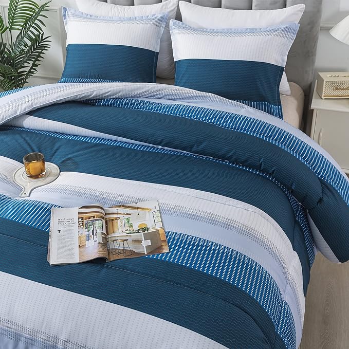 Andency Stripe Comforter Set Full Size (79x90 Inch), 3 Pieces Navy Patchwork Striped Comforter, Soft Microfiber Down Alternative Comforter Bedding Set with Corner Loops - LeafyLoom