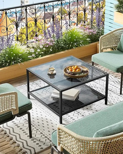 SAYGOER Modern Coffee Table Small Glass Coffee Table with Storage 2-Tier Simple Square Center Table for Living Room Home Office Sofa Table with Metal Frame 26.7 x 26.7 x 15.7 Inches, Gray Black - LeafyLoom