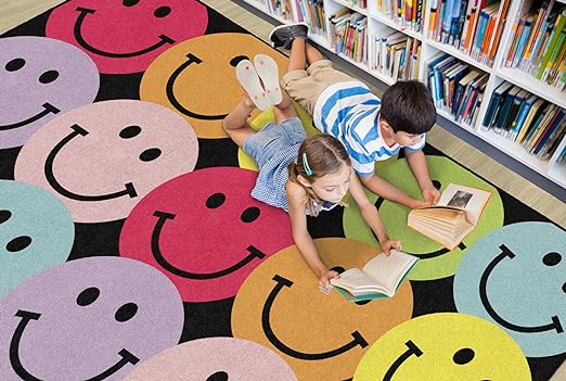 Flagship Carpets Schoolgirl Style Big Rainbow Smiley Faces Educational Area Rug for Kids Room Seating Décor, Children's Classroom, Play Carpet for Teaching and Playroom, 5' x 7'6", Black & Multi - LeafyLoom
