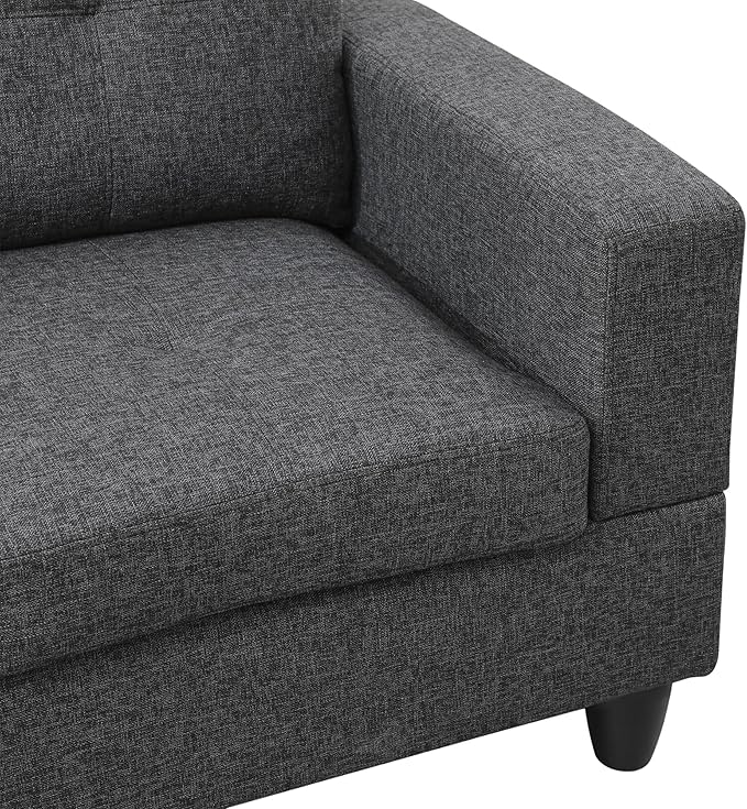 ROOMTEC Modern L Shaped Sectional Sofa Set with Storage Ottoman, Left Facing Chaise Longue, Reversible Backrest w/ 2 Cup Holders, Linen Tufted Cushions, for Living Room, Black Grey - LeafyLoom