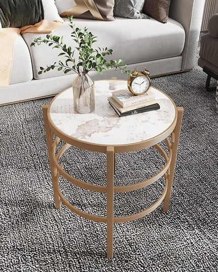Round Coffee Table Coffee Tables for Living Room Sintered Stone Marble Top Sturdy Metal Frame (Golden, 20.67 inches) - LeafyLoom