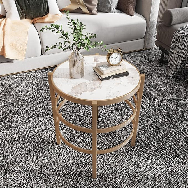 Round Coffee Table Coffee Tables for Living Room Sintered Stone Marble Top Sturdy Metal Frame (Golden, 20.67 inches) - LeafyLoom