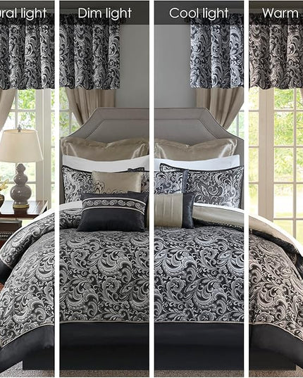 Madison Park Essentials Brystol 24 Piece Room in a Bag Faux Silk Comforter Jacquard Paisley Design Matching Curtains Down Alternative All Season Bedding-Set, Queen(90 in x 90 in), Black 24 Piece - LeafyLoom